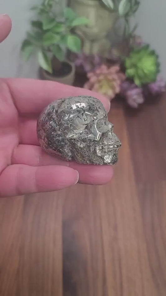 Pretty Pyrite Crystal Skull Carving | 2.4 X 1.7 Inches | Gold and Black | Only 1 Available