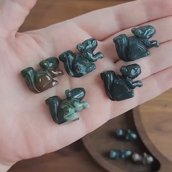 Mini Crystal Squirrel Figurine - Moss Agate, Forest Green with Brown