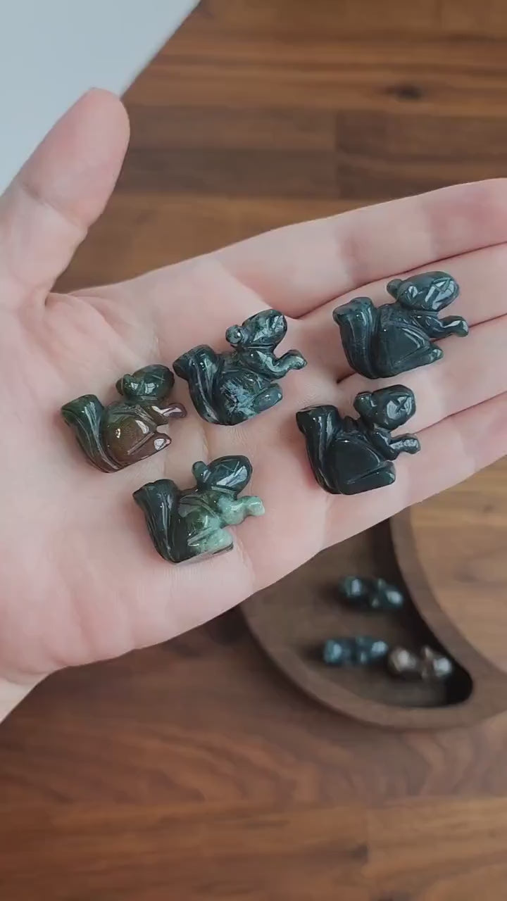 Mini Crystal Squirrel Figurine - Moss Agate, Forest Green with Brown