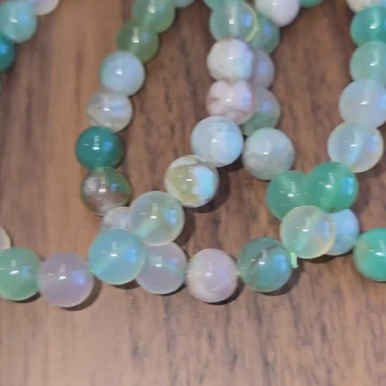 Inv - Green Flower Agate Bracelet | 8mm Crystal Beads, Pink and White Flowers on Sage Mint Matrix | Pretty Spring Fit, Birthday Gift for Her