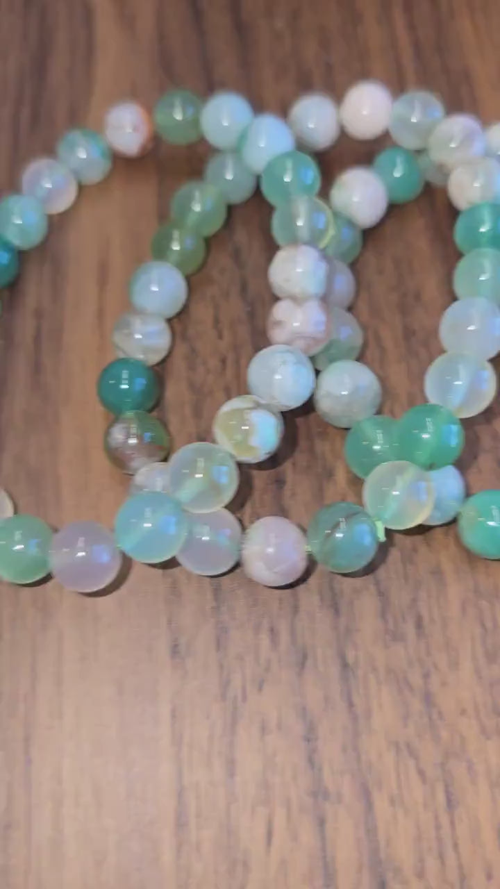 Inv - Green Flower Agate Bracelet | 8mm Crystal Beads, Pink and White Flowers on Sage Mint Matrix | Pretty Spring Fit, Birthday Gift for Her