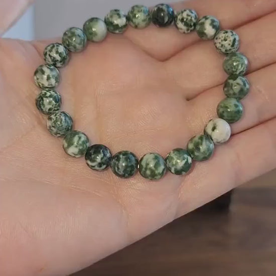 Tree Agate Bracelet | 7.5 MM Crystal Beads | Green Spotted | China Jade | Like a winter forest covered in snow for the holidays