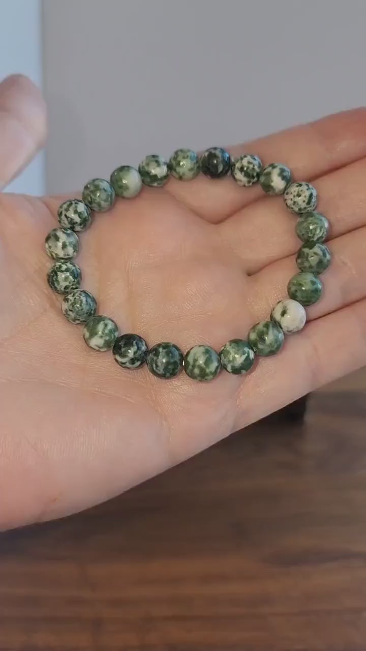 Tree Agate Bracelet | 7.5 MM Crystal Beads | Green Spotted | China Jade | Like a winter forest covered in snow for the holidays