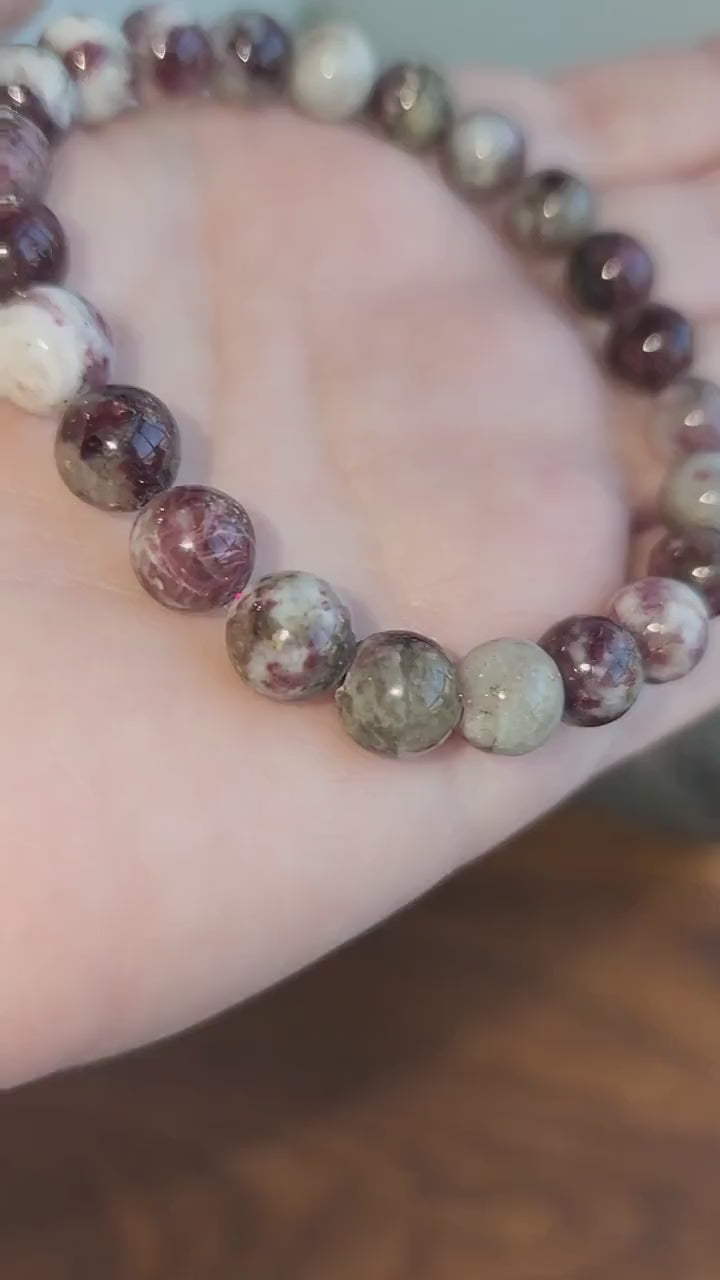 Plum Blossom Tourmaline Bracelet: 8MM Rubelite Quartz Crystal Jewelry