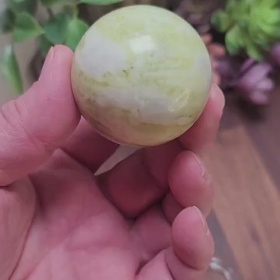 Inv - Serpentine Crystal Sphere | Lime Jade Stone Ball Sculpture | Natural Green & White Home Decor | Citrus color Summer Vibes (53mm)