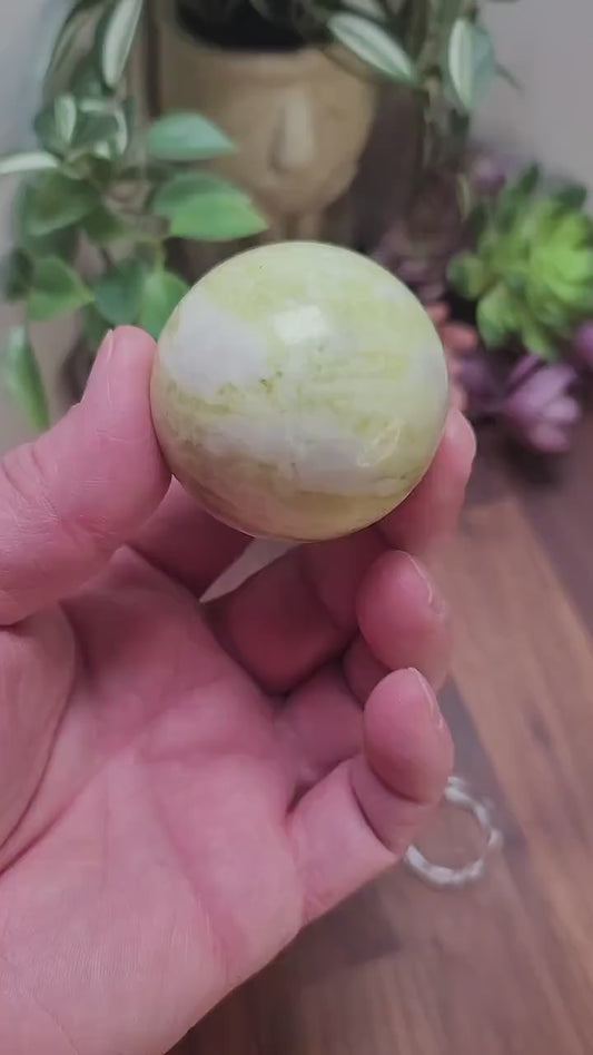 Inv - Serpentine Crystal Sphere | Lime Jade Stone Ball Sculpture | Natural Green & White Home Decor | Citrus color Summer Vibes (53mm)