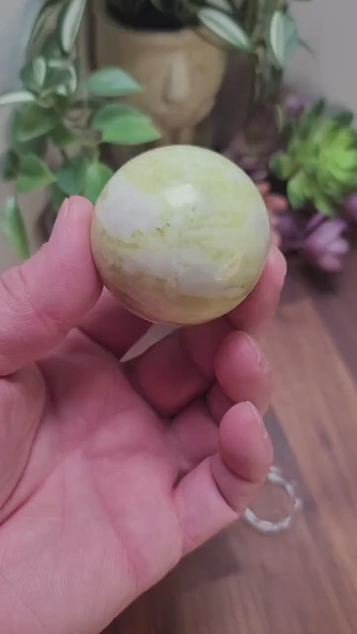 Inv - Serpentine Crystal Sphere | Lime Jade Stone Ball Sculpture | Natural Green & White Home Decor | Citrus color Summer Vibes (53mm)