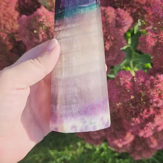 Large Rainbow Flourite Tower. Banded Purple, Green and Gray/white Point. Dark colors with a polka dot spotted bottom! (Imperfect)