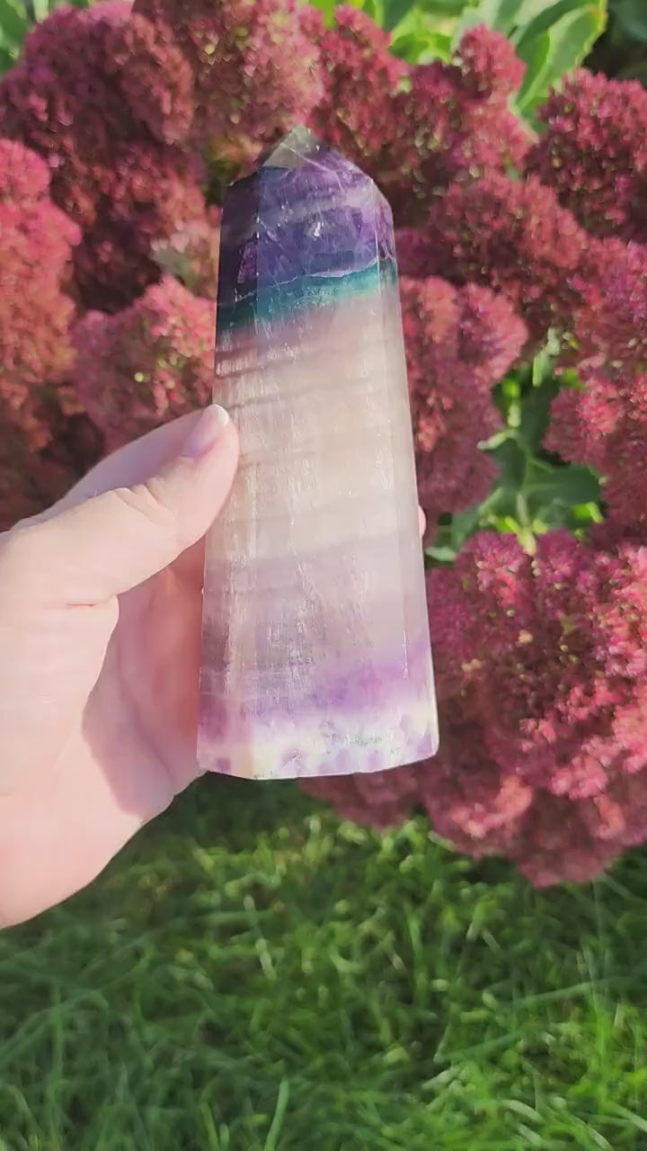 Large Rainbow Flourite Tower. Banded Purple, Green and Gray/white Point. Dark colors with a polka dot spotted bottom! (Imperfect)