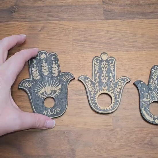 Hamsa Hand Sphere Stand: Etched Black Wood Display (Fits 30-65mm Spheres)