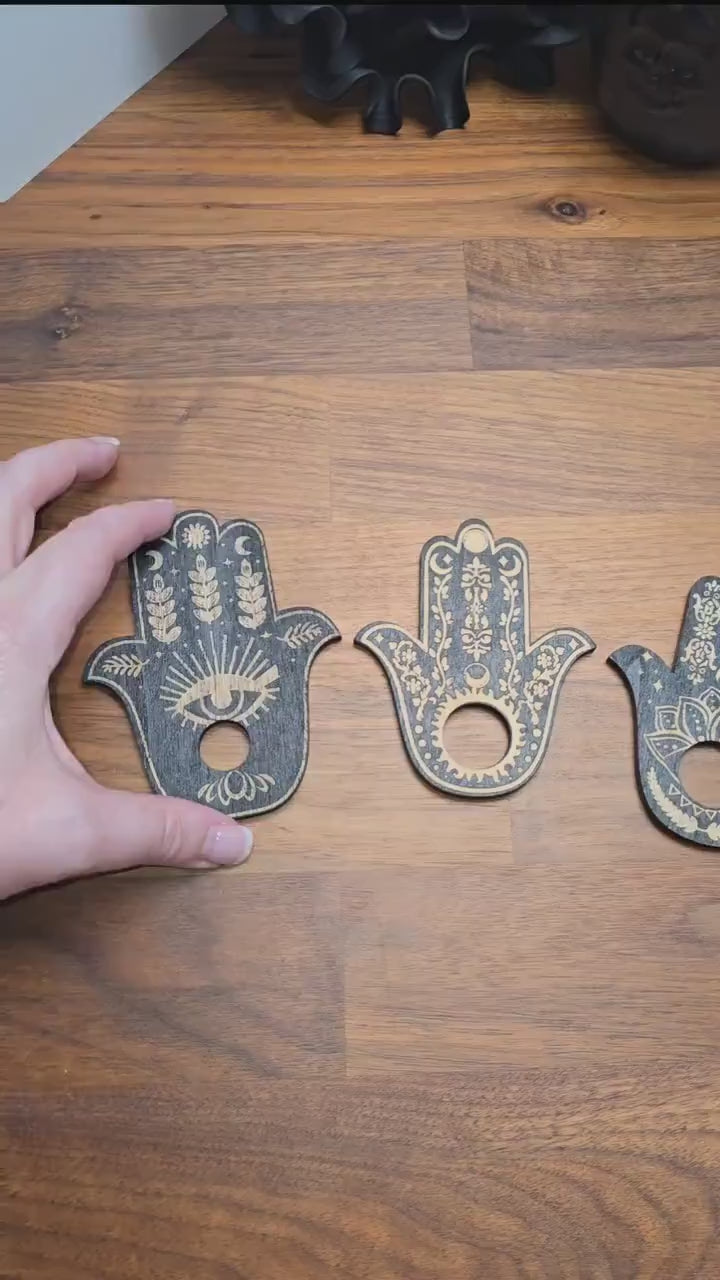 Hamsa Hand Sphere Stand: Etched Black Wood Display (Fits 30-65mm Spheres)