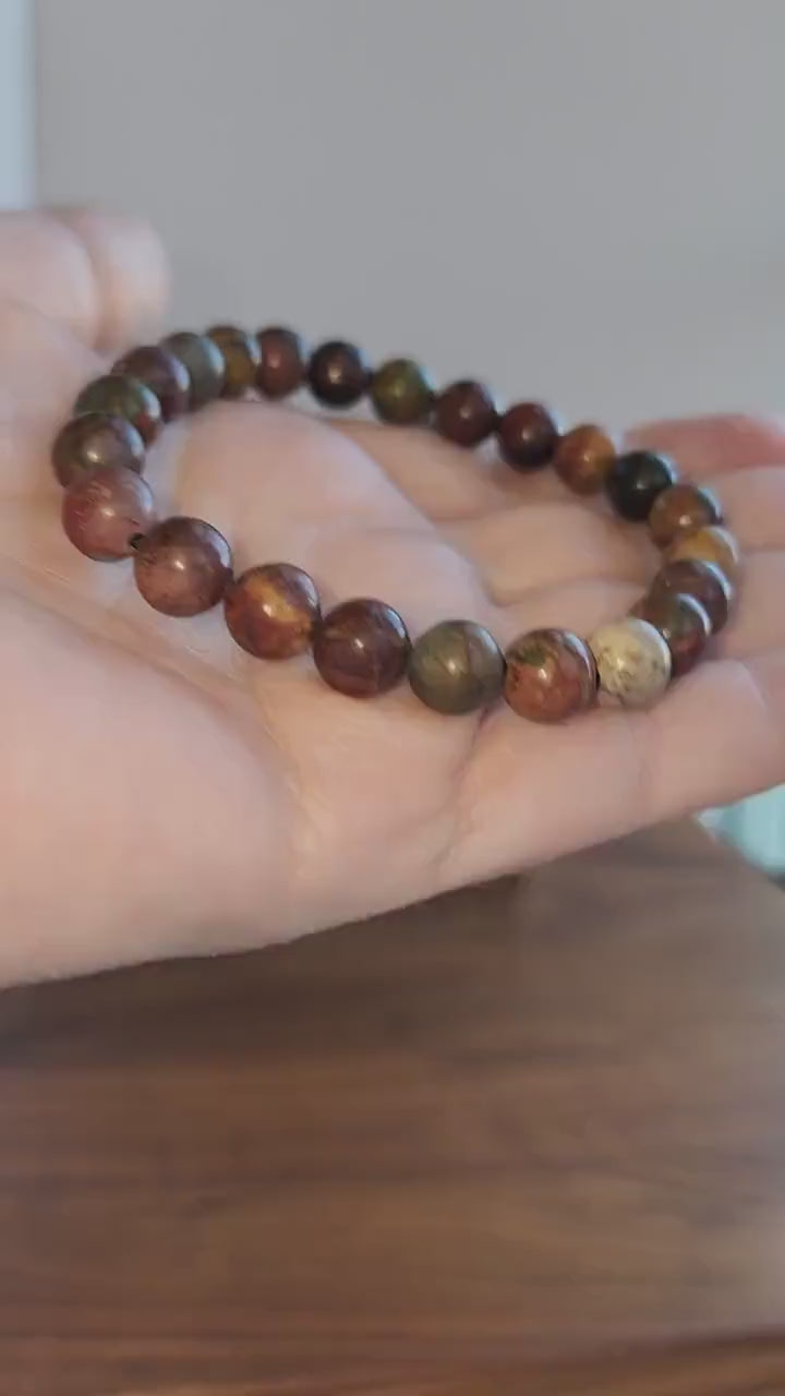 Picasso Jasper Bracelet: Colorful 8MM Crystal Bead Autumn Jewelry