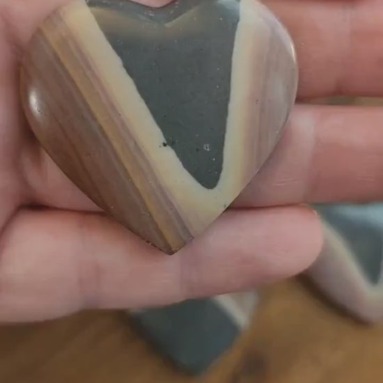 Polychrome Jasper Hearts. Gorgeous blue, yellow, pink, maeve, and purple banding. Beautiful Patterns. Choose Your Own Crystal!