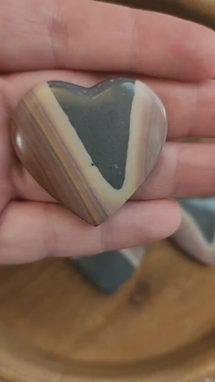 Polychrome Jasper Hearts. Gorgeous blue, yellow, pink, maeve, and purple banding. Beautiful Patterns. Choose Your Own Crystal!