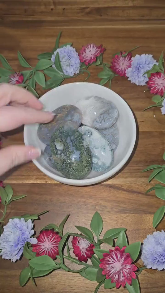 Moss Agate Palm Stone: Natural Green Gemstone, Calming Touchstone