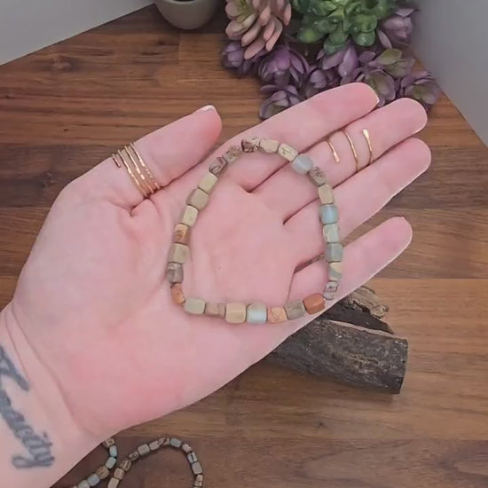 Aqua Terra Jasper Bracelet: Nugget Style 5-8mm Beads | Arizona Serpentine | Seen in Sedona Sunrise Crystal Confetti