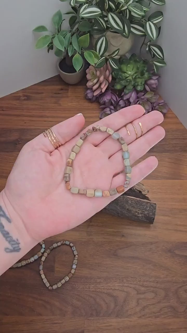 Aqua Terra Jasper Bracelet: Nugget Style 5-8mm Beads | Arizona Serpentine | Seen in Sedona Sunrise Crystal Confetti