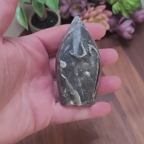 Crystal Carving: Druzy Sphalerite Flame - Black and Gray Sparkle