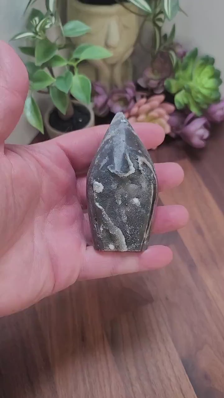 Crystal Carving: Druzy Sphalerite Flame - Black and Gray Sparkle