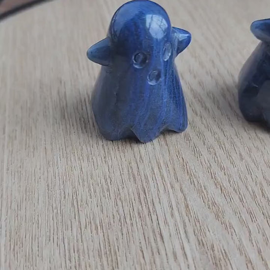 Blue Aventurine Ghost Carving: Spooky Halloween Crystal with Clear Quartz