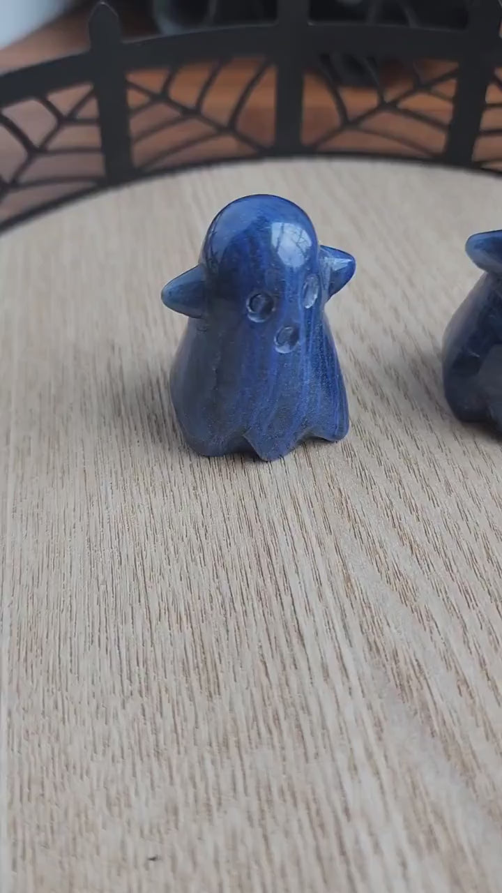 Blue Aventurine Ghost Carving: Spooky Halloween Crystal with Clear Quartz