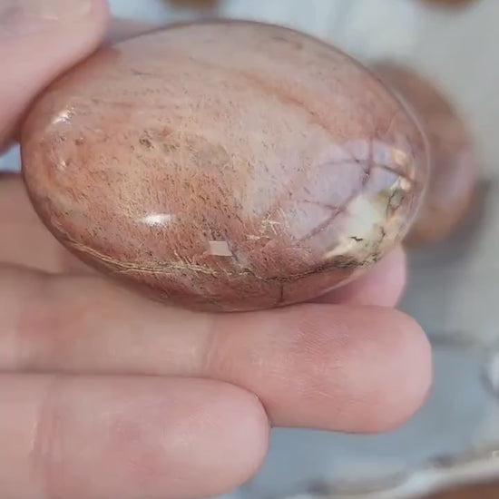 Peach Moonstone Palm Stone: Pink Flashy Pocket Stone