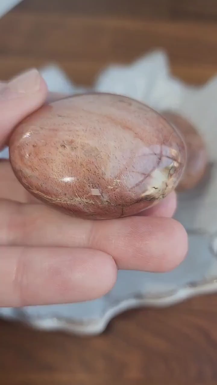 Peach Moonstone Palm Stone: Pink Flashy Pocket Stone