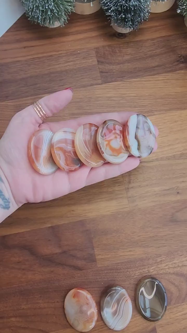 Banded Agate Worry Stone: Red, Orange, and Gray Crystal Fidget (1.77")