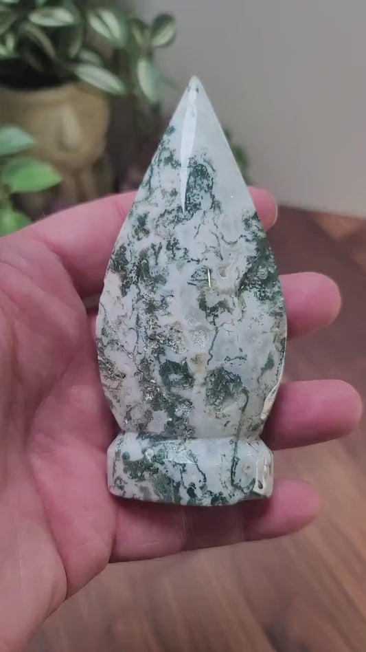 Inv - Gorgeous White Moss Agate Crystal Flame | "C" | with Sparkling Snowy Quartz Druzy | Perfect for a Winter Wonderland Display or Gift