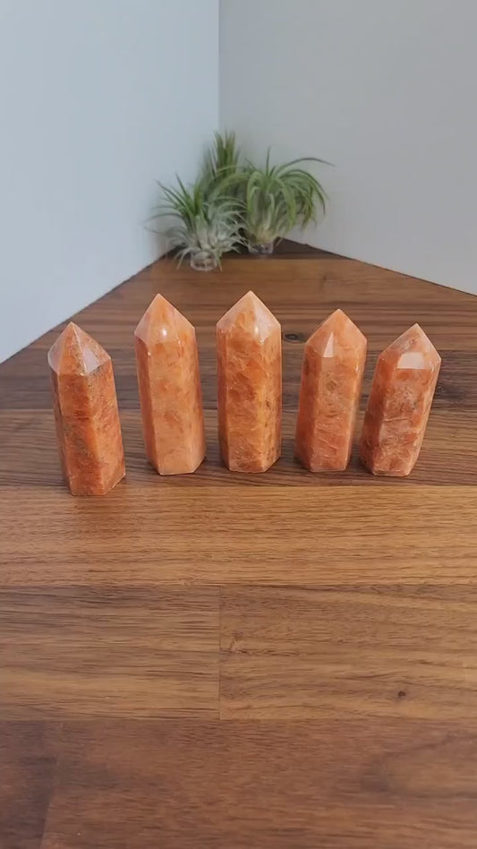 Inv - Orange Sunstone Crystal Tower | 3" | Gold Flecks in Orange Orchid Calcite | Sunny Autumn Decor for Fall or Thanksgiving Table Display