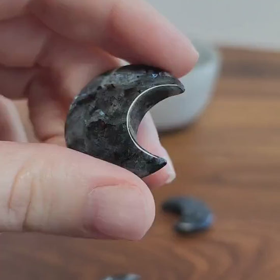 Larvikite Moon: Flashy Crystal Crescent, Intuitively Chosen