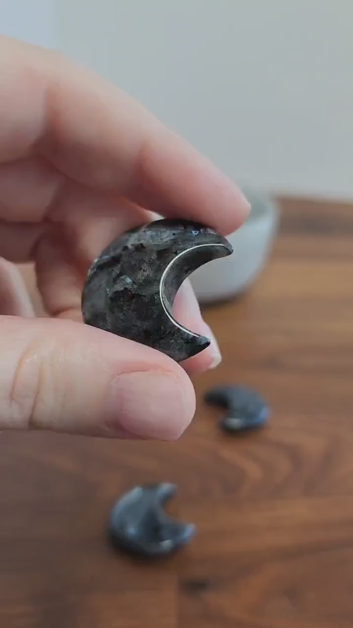 Larvikite Moon: Flashy Crystal Crescent, Intuitively Chosen