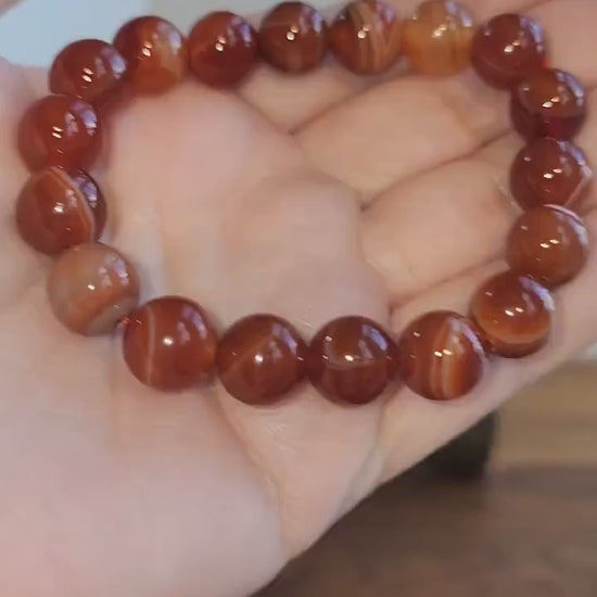 Banded Carnelian Bracelet: 10MM Red Agate Crystal Bead Stretch Bracelet