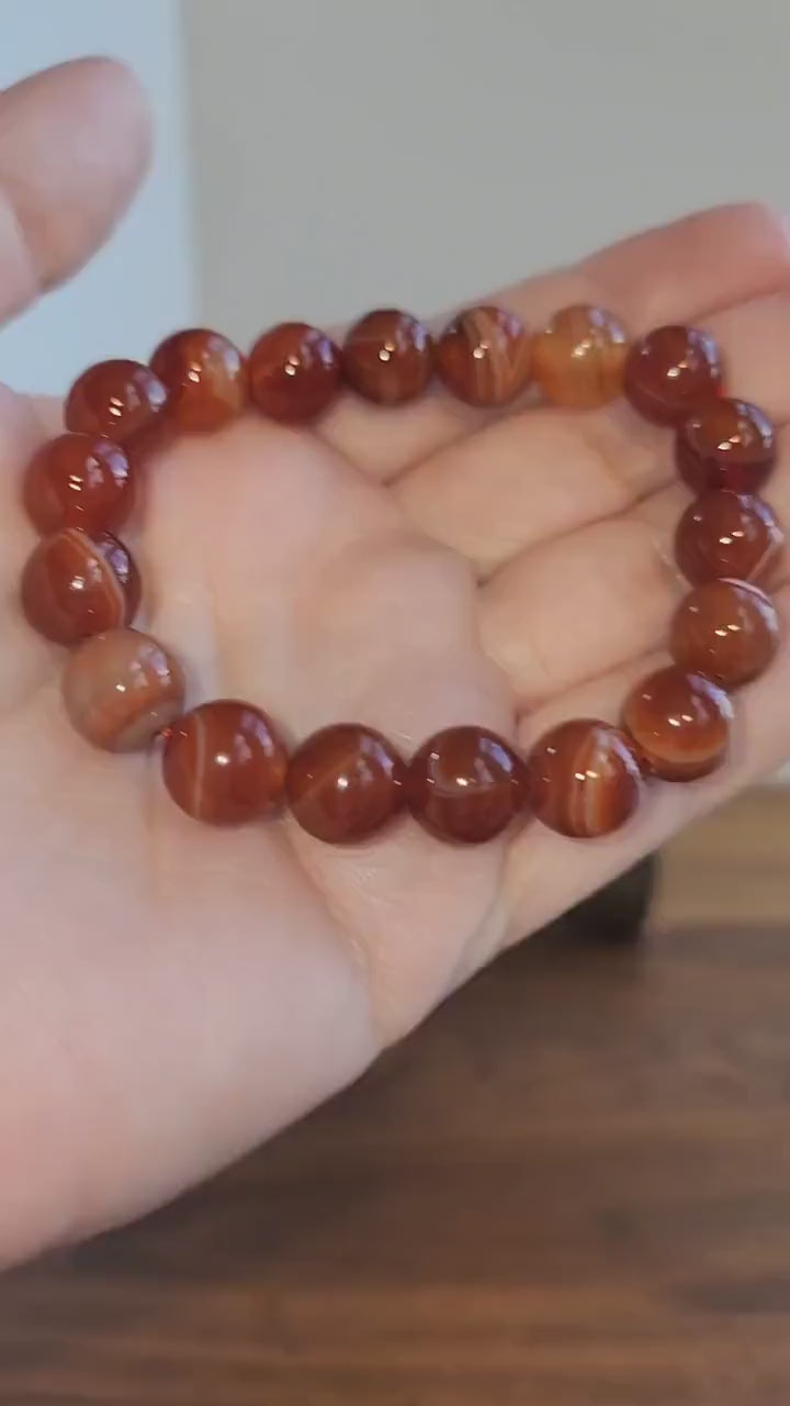 Banded Carnelian Bracelet: 10MM Red Agate Crystal Bead Stretch Bracelet