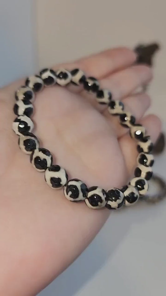Inv - Faceted Tibetan Agate Bracelet: Around 8MM Black & White Dzi Crystal Beads | Natural Evil Eye Charm Jewelry | Polka Dot Spotted
