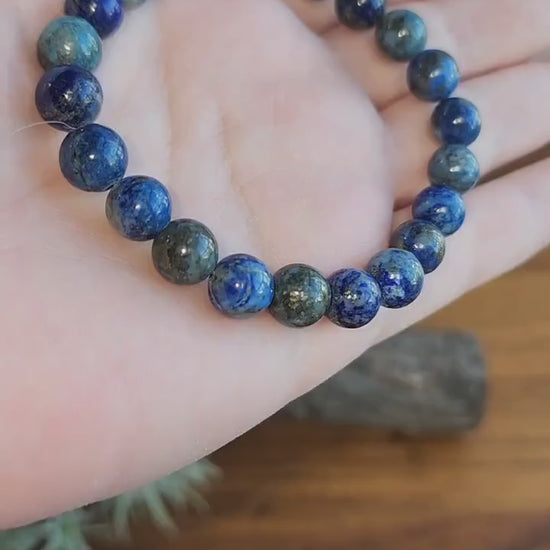 Lapis Lazuli | 8MM Crystal Bracelet | Intense Blue Metamorphic Rock with Pyrite | The Royalty Stone | Deep Navy Blue and Silver touches