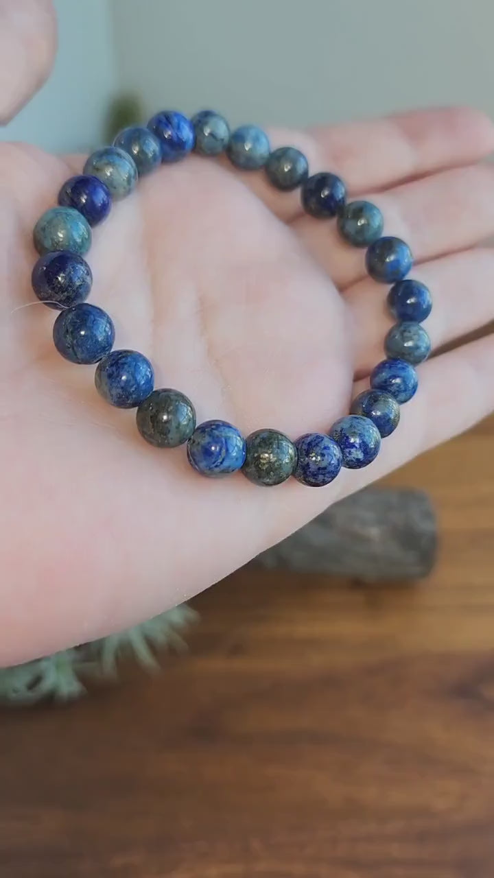 Lapis Lazuli | 8MM Crystal Bracelet | Intense Blue Metamorphic Rock with Pyrite | The Royalty Stone | Deep Navy Blue and Silver touches