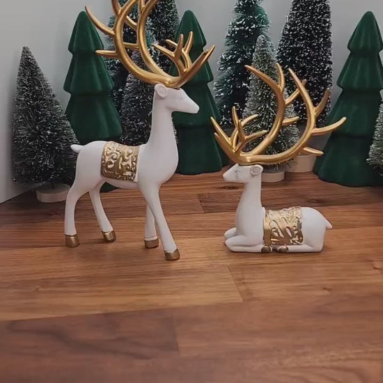 White Deer Crystal Sphere Stand Set: Gold Antler Winter Decor