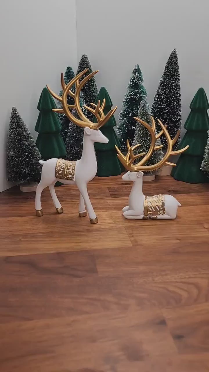 White Deer Crystal Sphere Stand Set: Gold Antler Winter Decor