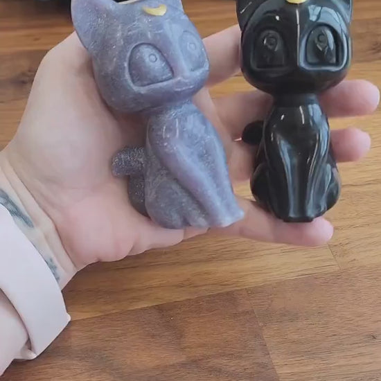 Lunar Crystal Cat Figurine: Hand Carved Stone, Purple & Black