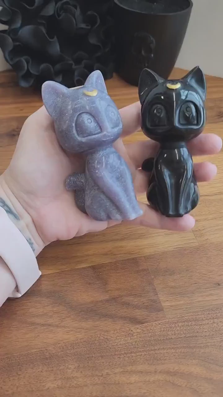 Lunar Crystal Cat Figurine: Hand Carved Stone, Purple & Black