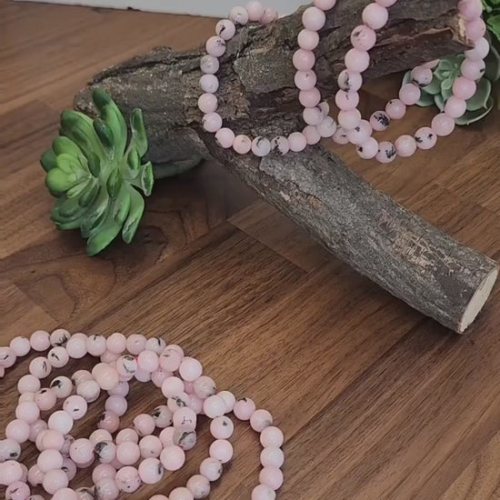 Pink Dendritic Opal Bracelet: 8MM Natural Crystal Beads Enhanced with Pale Pink Dye | Mother's Day Gift or Easter Basket Stuffer for Kids