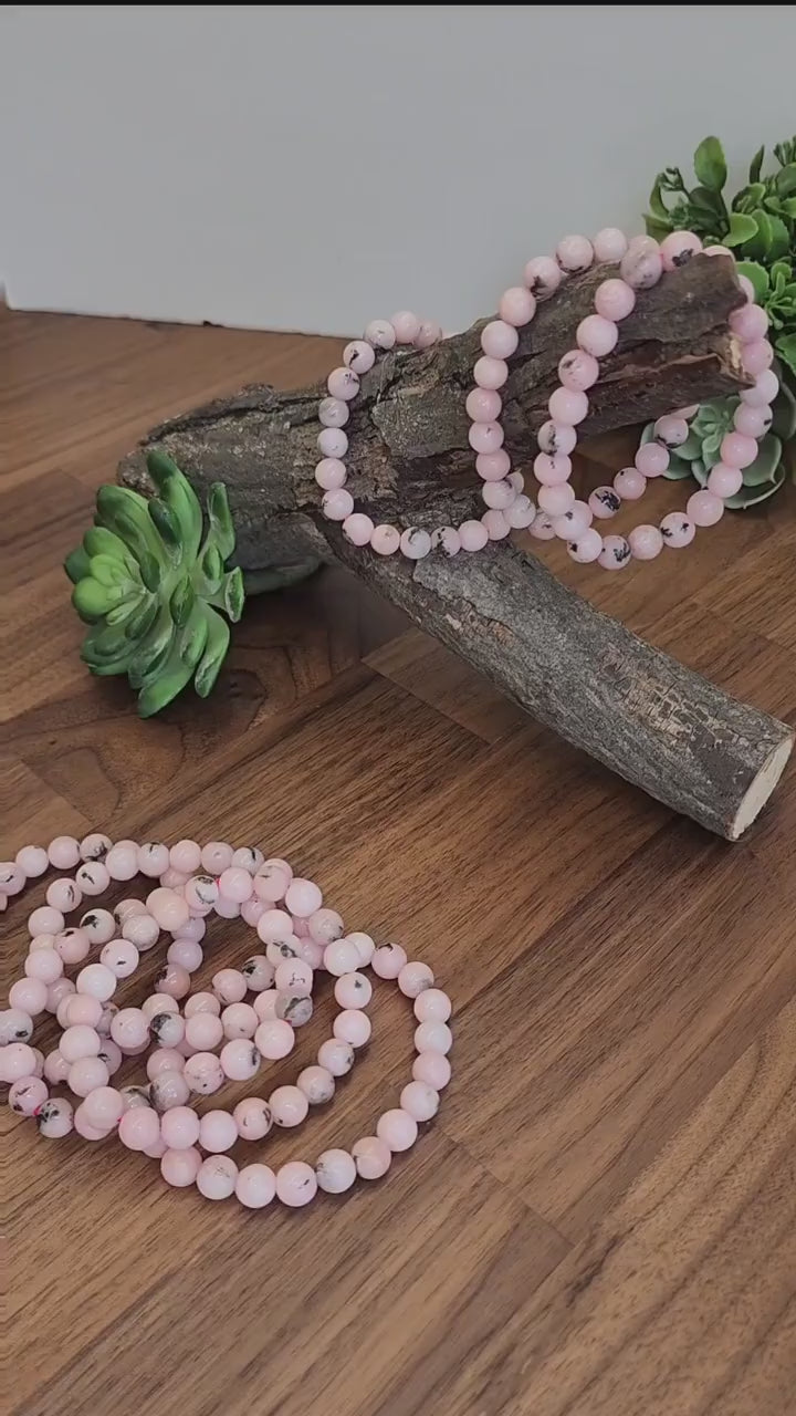 Pink Dendritic Opal Bracelet: 8MM Natural Crystal Beads Enhanced with Pale Pink Dye | Mother's Day Gift or Easter Basket Stuffer for Kids