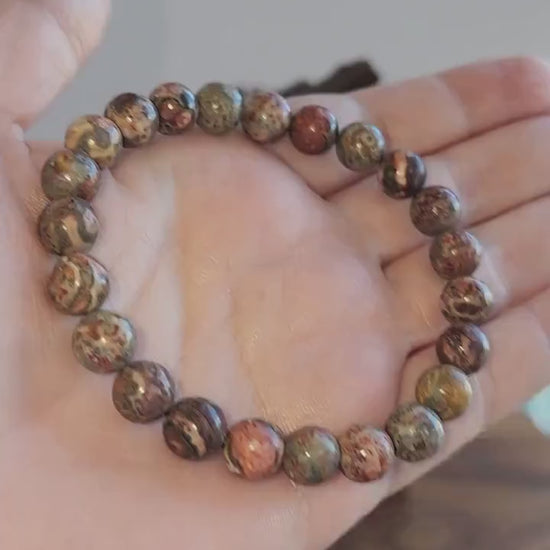 Leopardite Safari Jasper |  8MM Crystal Bracelet | Jaguar or Leopard Skin Jasper in Maueve Pink, Rainforest Yellow with Spotted Patterns