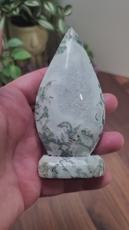 Inv - Sparkling White Moss Agate Crystal Flame | "B" | with Pretty Snow Quartz Druzy | Perfect for a Winter Wonderland Display or Gift Idea