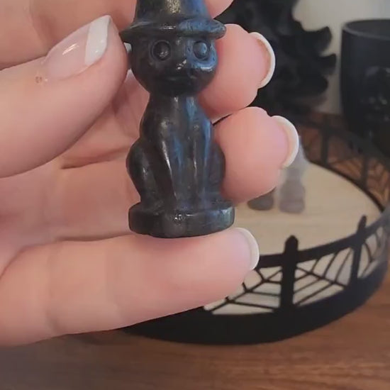 Crystal Witch Cat Mini: Larvakite, Fluorite - Halloween Decor