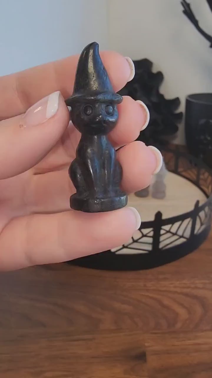 Crystal Witch Cat Mini: Larvakite, Fluorite - Halloween Decor