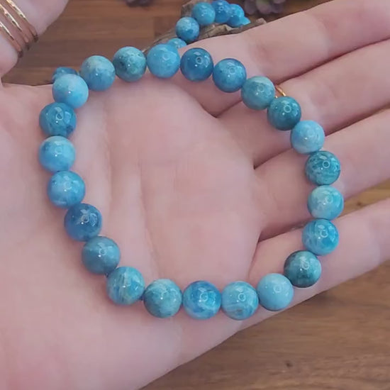 Inv - Blue Apatite Crystal Bracelet | 8mm Natural Bright Teal Crystal Beads for a pop of Summer Ocean Vibes or Sea Witch Mermaid Accessories