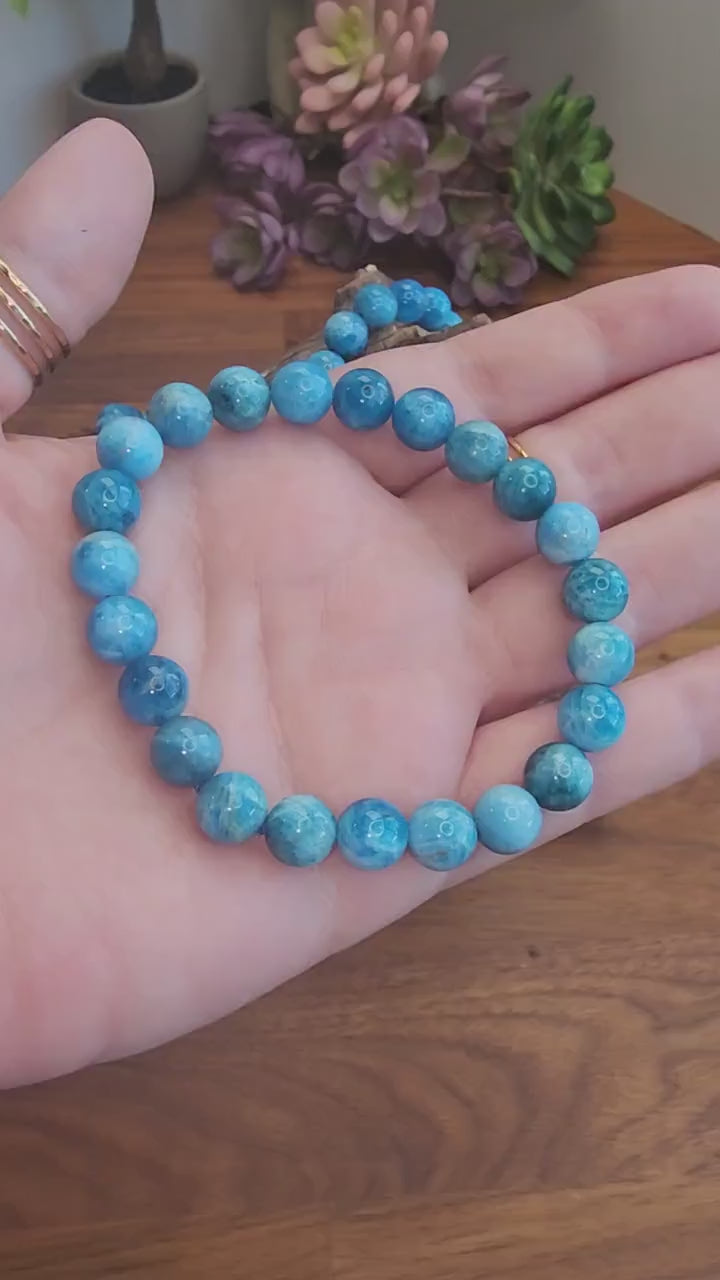 Inv - Blue Apatite Crystal Bracelet | 8mm Natural Bright Teal Crystal Beads for a pop of Summer Ocean Vibes or Sea Witch Mermaid Accessories