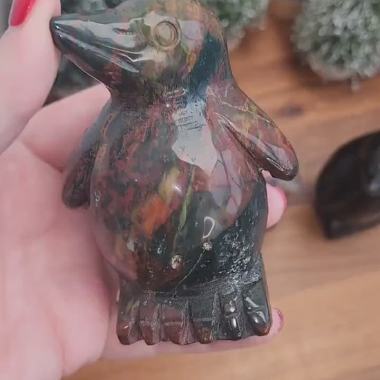 Crystal Penguin: Ocean Jasper & Silver Sheen Obsidian Holiday Decor